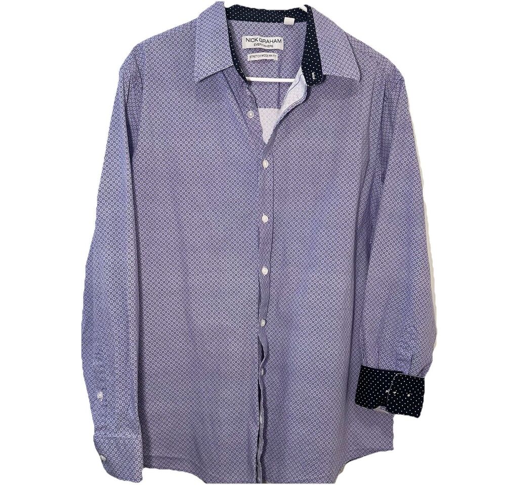 Nick Graham Everywhere Shirt Mens XL Tall Purple Geometric Stretch Modern Fit